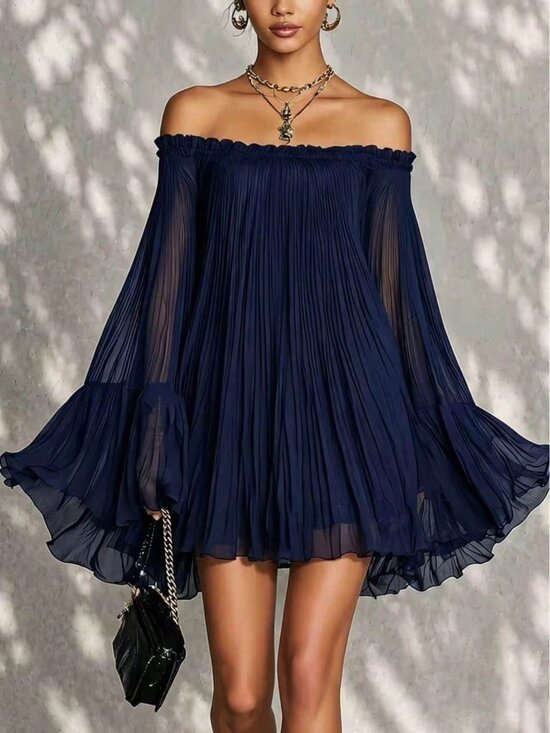 Dresses & Skirts - Blue Elegant Women's Off-Shoulder Backless Pleated Sleeve Dress